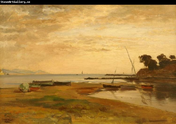 Albert Hertel Coastline at low tide in the evening light. Resting in the foreground dry sailing boats